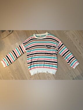 BiBi Striped Sweater with Side Slits and Distressed Detail